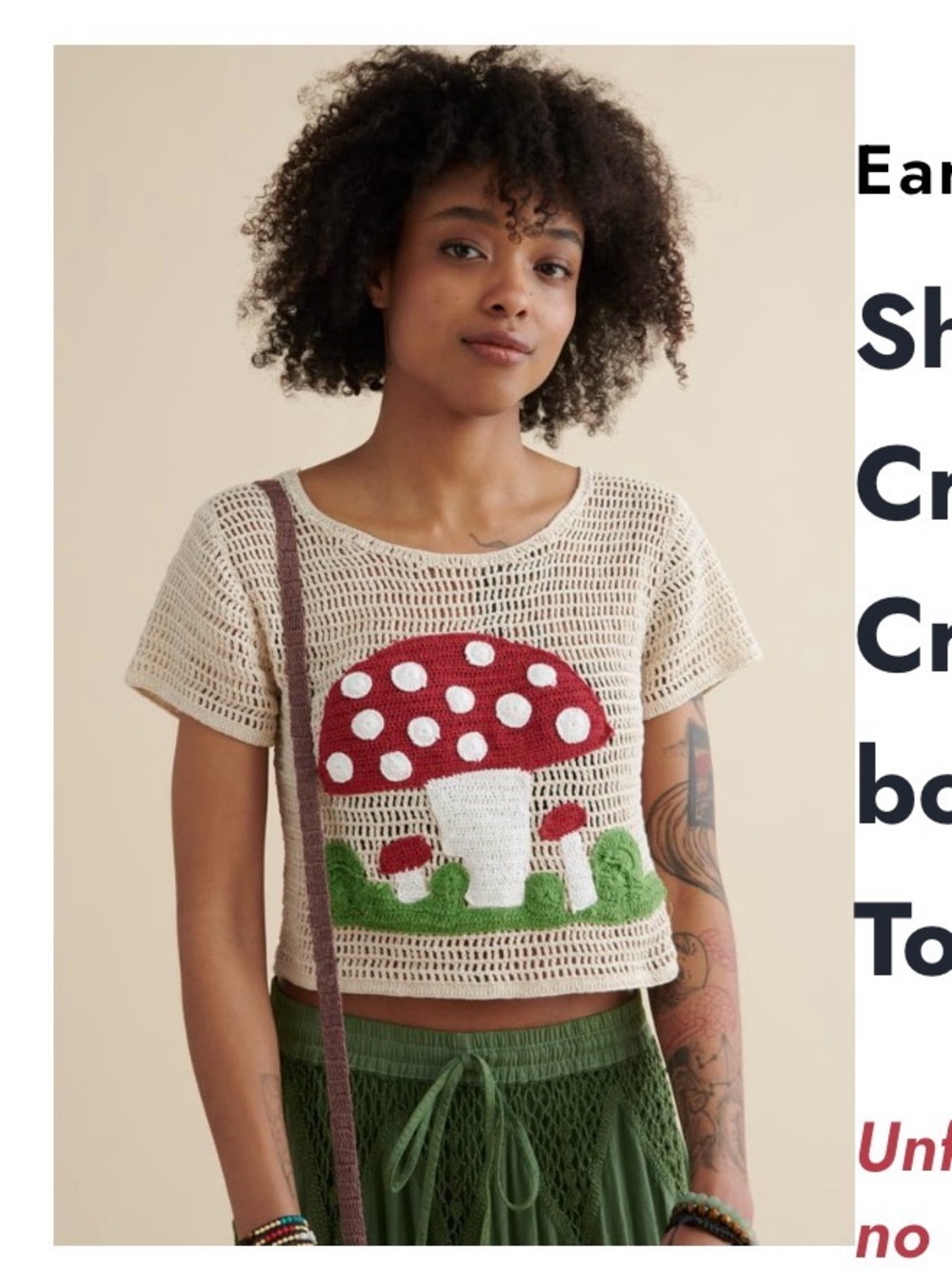 Crochet Mushroom Graphic Crop Top - Cream/Red